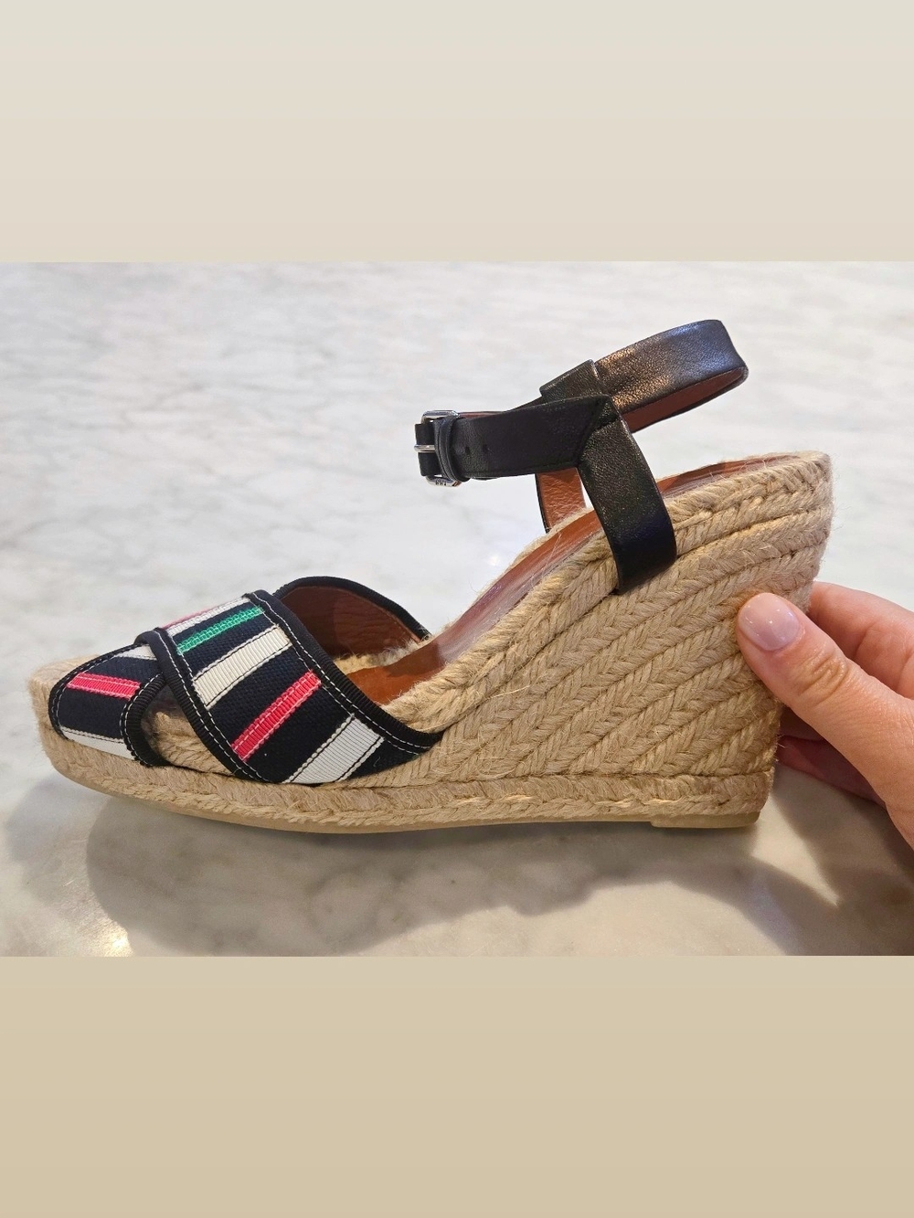Marc by Marc Jacobs Black Espadrille Wedge Sandals with Multicolor Stripes
